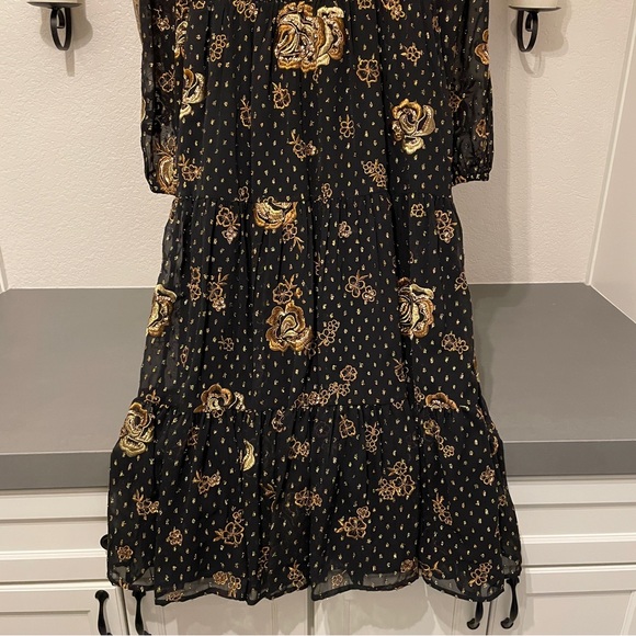 Express Long Sleeve Dress in Black with Gold and Bronze Embroidered Floral - Picture 2 of 11